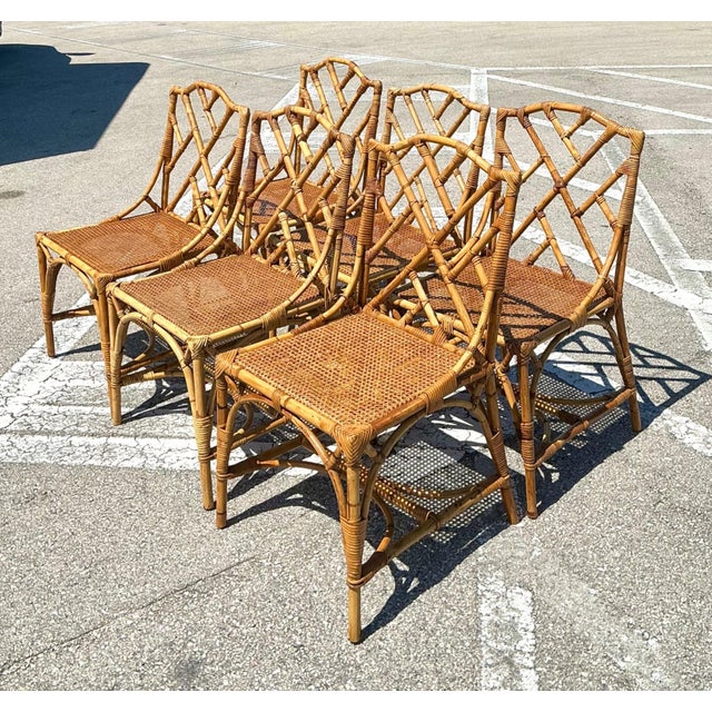 Tan Vintage Chinese Chippendale Rattan Dining Chairs - Set of 6 For Sale - Image 8 of 12