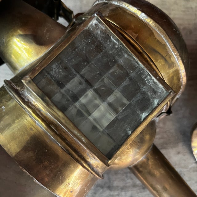 Brass Pair of Antique Brass Carriage Lanterns With Glass Panels & Hinged Doors Vintage Home Decor or Restoration Pieces For Sale - Image 8 of 18