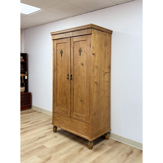 Rustic European Antique European Pine Wardrobe Two Door Armoire Turned Feet, Natural Wood For Sale - Image 3 of 17