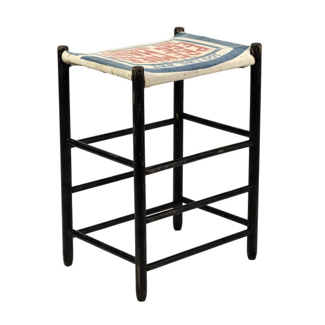 Vintage 1940s Primitive Wooden Stool W/ Black Painted Frame & Premier Egg Mash Feed Sack Seat - 25.5" Tall For Sale - Image 9 of 17