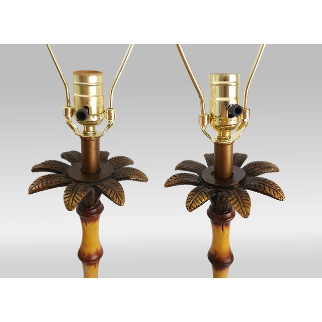 Vintage Tropical Palm Tree Table Lamps With Bamboo Shades Restored - A Pair For Sale - Image 9 of 13