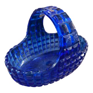 Vintage Heavy Cobalt Blue Block Glass Basket For Sale