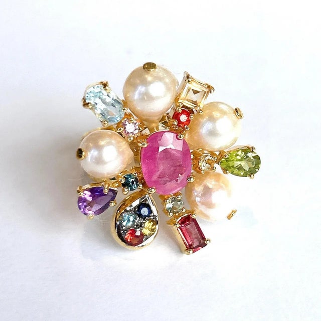 Not Yet Made - Made To Order Bochic “Orient” StarBurst Multi Gem & Pearl Cocktail Ring Set 18K Gold & Silver, Size 6 For Sale - Image 5 of 5