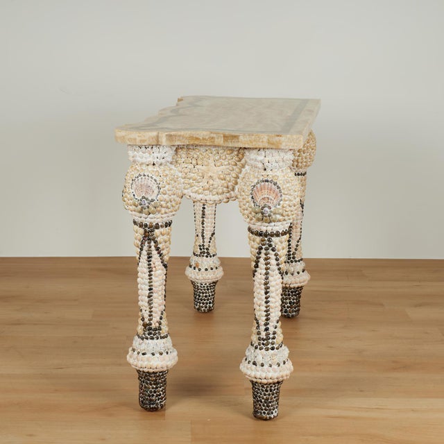 Vintage Marble Top Seashell Encrusted Console Table For Sale - Image 10 of 14