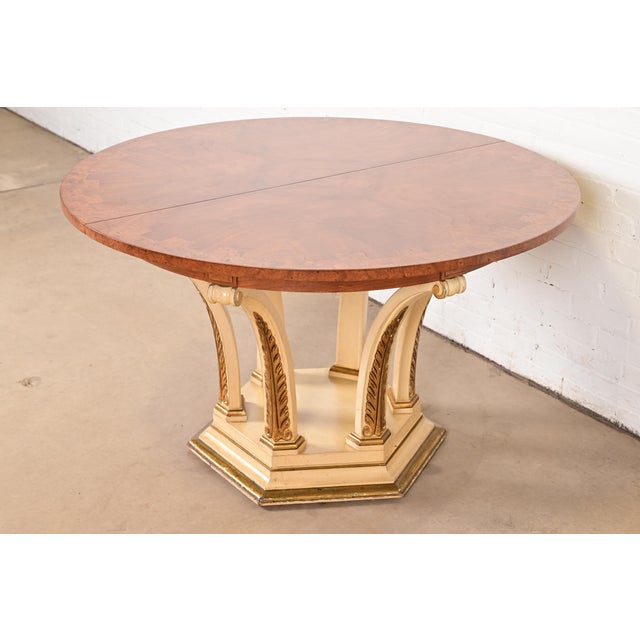 Neoclassical Mastercraft Italian Neoclassical Walnut and Burl Wood Parcel Gilt Pedestal Extension Dining Table For Sale - Image 3 of 15