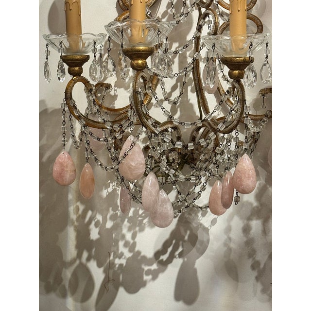 Traditional Pair of Italian Large Scale Beaded and Rose Quartz Sconces For Sale - Image 3 of 6