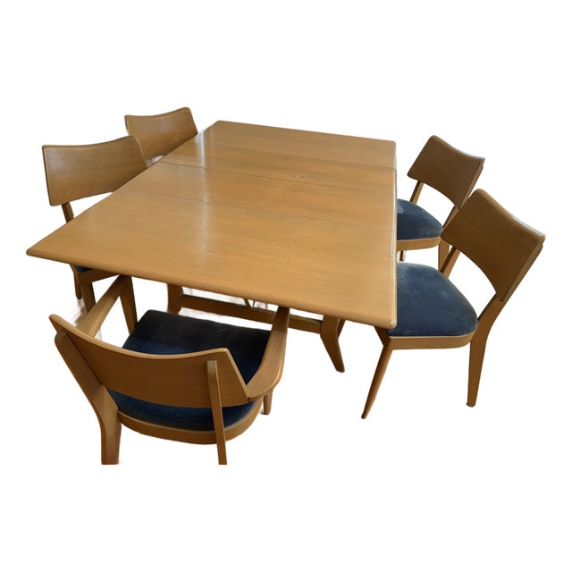 1950s Mid Century Modern Heywood-Wakefield Drop Leaf Table With 2 Leaves, 5 Chairs For Sale