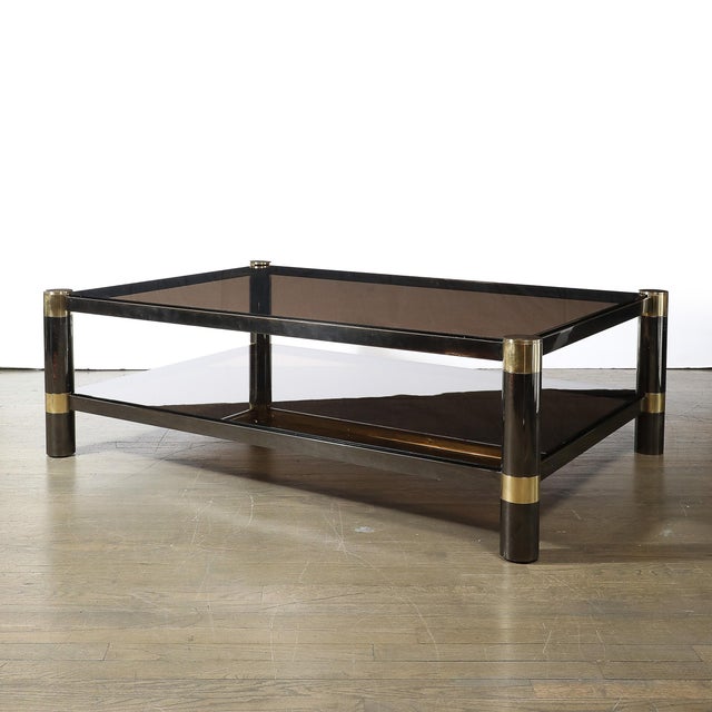 Metal Mid-Century Signed Karl Springer 2-Tier Gunmetal & Brass Cocktail Table For Sale - Image 7 of 13
