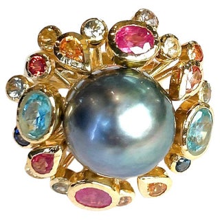 Bochic “Orient” Tahiti South Sea & Multi Sapphire Cluster Ring Set 18K & Silver, Size 9.5 For Sale