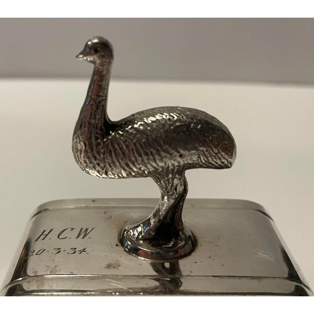 1934 figural silverplate napkin ring made in Australian with emu or ostrich standing on top of an Art Deco oval ring....