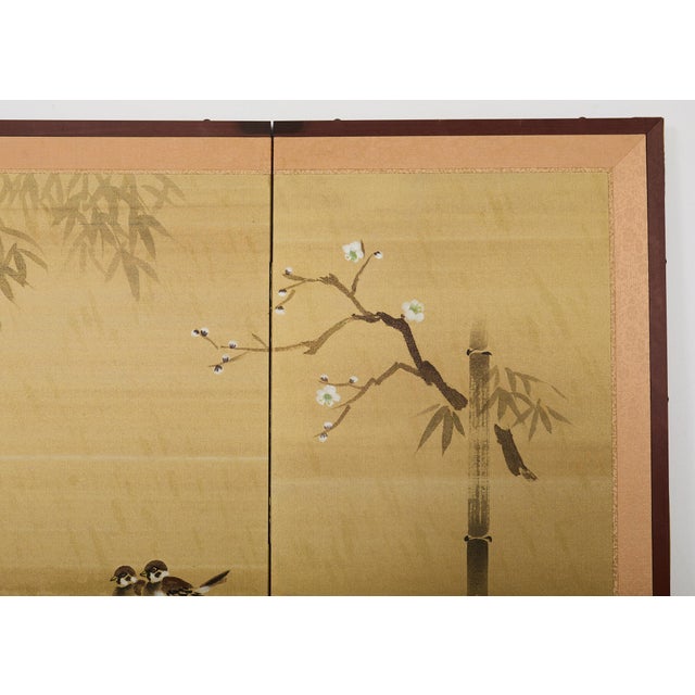 Japanese Showa Four Panel Screen Spring Bamboo Landscape For Sale - Image 9 of 18