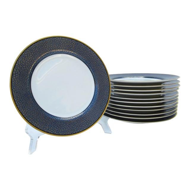 Vintage C.1990's Fitz & Floyd "Shagreen" Blue Lapis & Gold Trimmed Salad or Canapés Dishes -Set of 12 For Sale