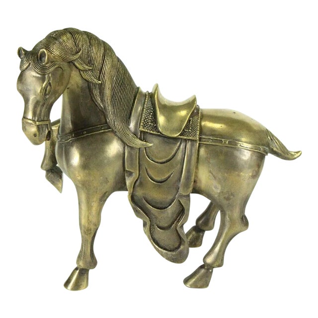 1800's Chinese Horse Figurine Cast Brass Archaic Style For Sale