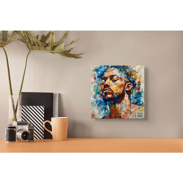 Halo of Comfort by Jon Wassom | Mixed media on canvas portrait of a man with a serene expression For Sale - Image 4 of 5