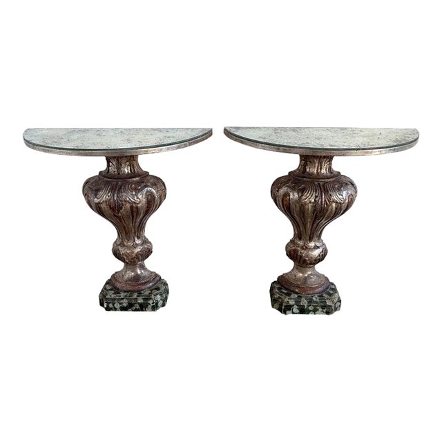 Pair of Italian Baroque Style Silver-Gilt Console Tables With Mirrored Tops For Sale