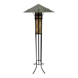 1970s Craftsman Mission Style Metal and Mica Torchier Floor Lamp For Sale