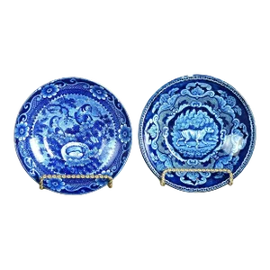 Antique Flow Blue Pottery Small Bowls with Dog & Birds, 19th Century - a Pair