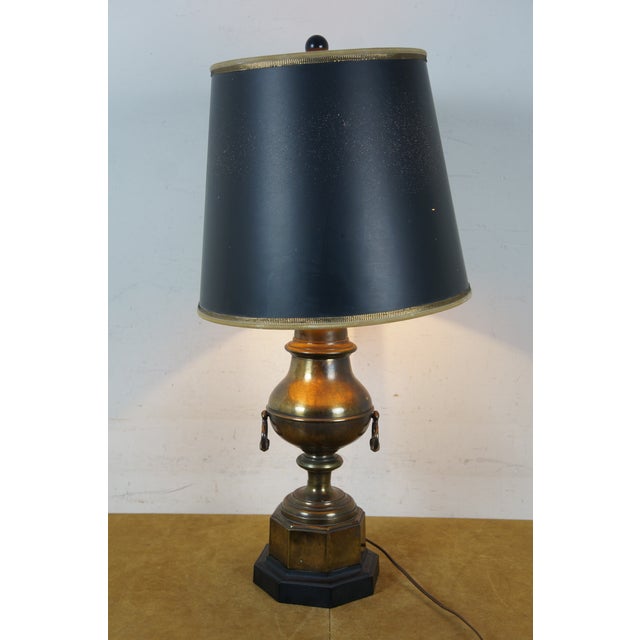 Mid 20th Century Empire Brass Mantel Trophy Urn Table Lamp Black Shade 31" For Sale - Image 4 of 14
