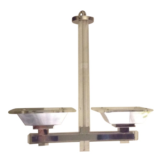 Vintage 2-Arm Ceiling Mount Light Fixture Lucite and Chrome Chandelier 70s For Sale