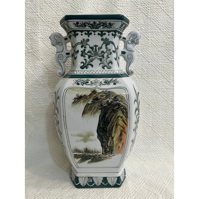 This vase is large and makes a statement. Vintage Andrea By Sadek, it features an Asian landscape, Bok Choi trim and...