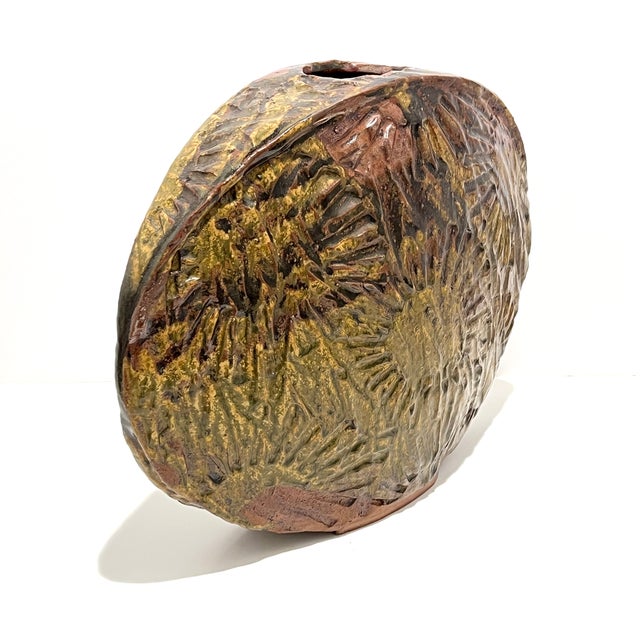 Mid-Century Modern 1970s Studio Art Pottery Disc Sculptural Vase Signed by Aleph Hammer For Sale - Image 3 of 13