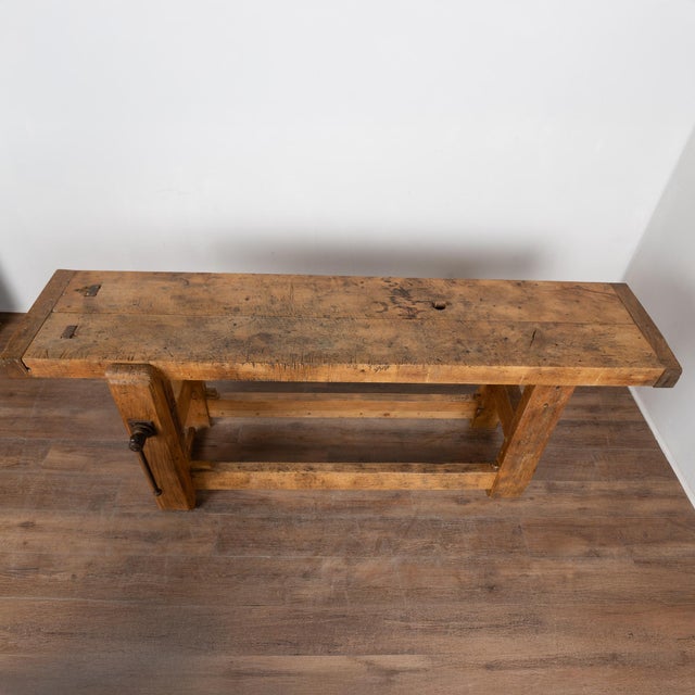 French Country 19th Century Rustic French Carpenter's Workbench Console Table For Sale - Image 3 of 16