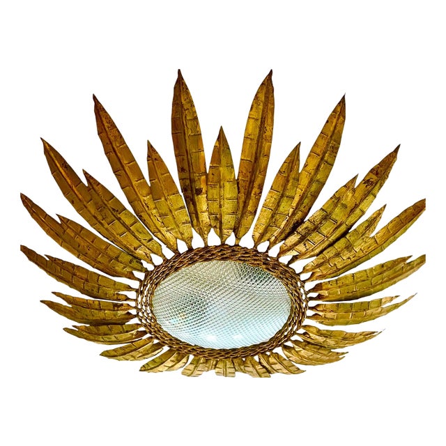 Large Spanish Crown Sunburst Fixture in Gilt Metal and Curved Glass, 1950 For Sale