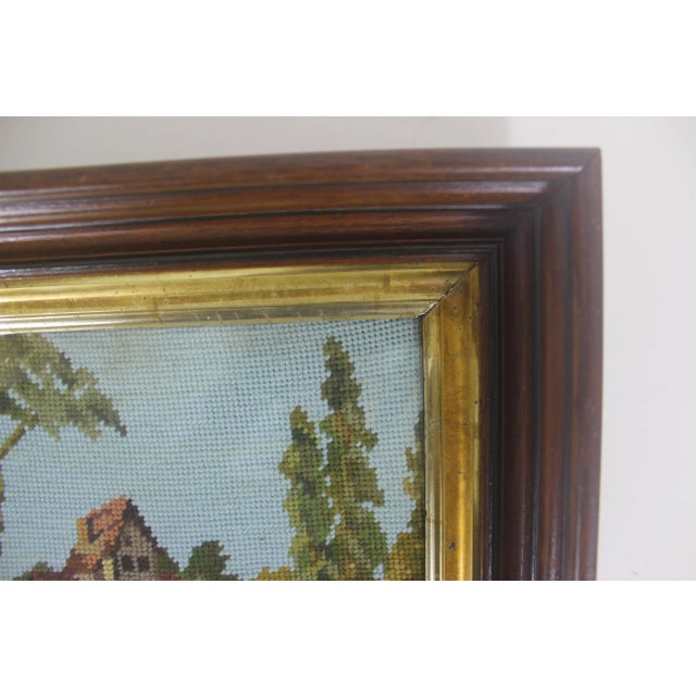 Early 20th Century Needlepoint in Antique Wood Frame Cottagecore Country Style Embroidered Picture For Sale - Image 4 of 10