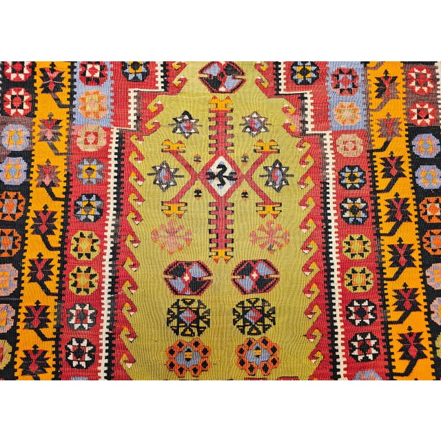 Vintage Turkish Kilim Rug, Flat-Woven Prayer Pattern, Yellow & Green, 4x6 For Sale - Image 10 of 16