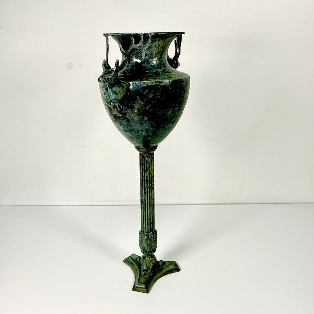 English 1970s Vintage Neoclassical English Stag Head Faux Verdigris Green Tole Pedestal Urn Vase. For Sale - Image 3 of 15