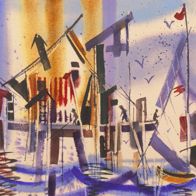 Mid-Century Modern 'Fishermen at Monterey Wharf' by Katherine Wengi, Mid-Century Woman Artist, Watercolor Society of Oregon For Sale - Image 3 of 11