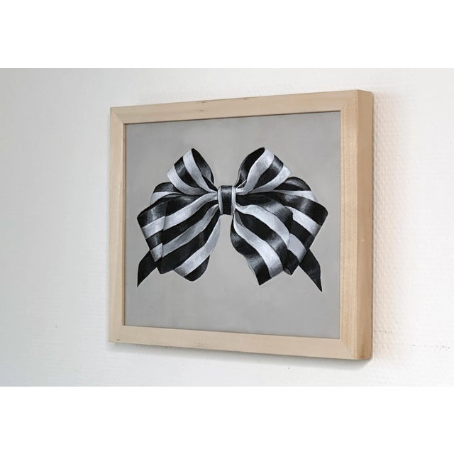 Contemporary Fluffy Ribbon Painting Black & WHite Striped Bow, Minimal Elegant With Frame For Sale - Image 3 of 8