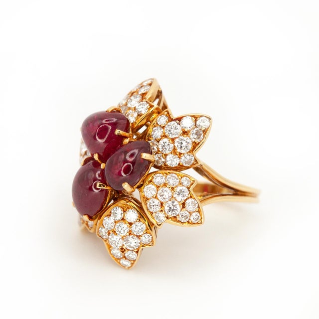 Modern 1980s French 18k Yellow Gold Ruby and Diamond Ring, Size 5.75 For Sale - Image 3 of 12