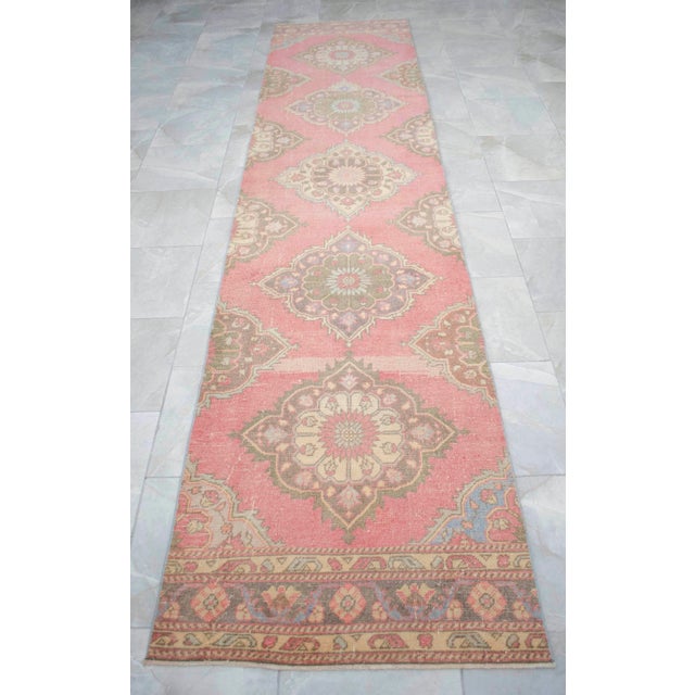 1960s 1960s Traditional Turkish Runner Rug Hand Knotted Distressed Low Pile Pink Hallway Decor For Sale - Image 5 of 13