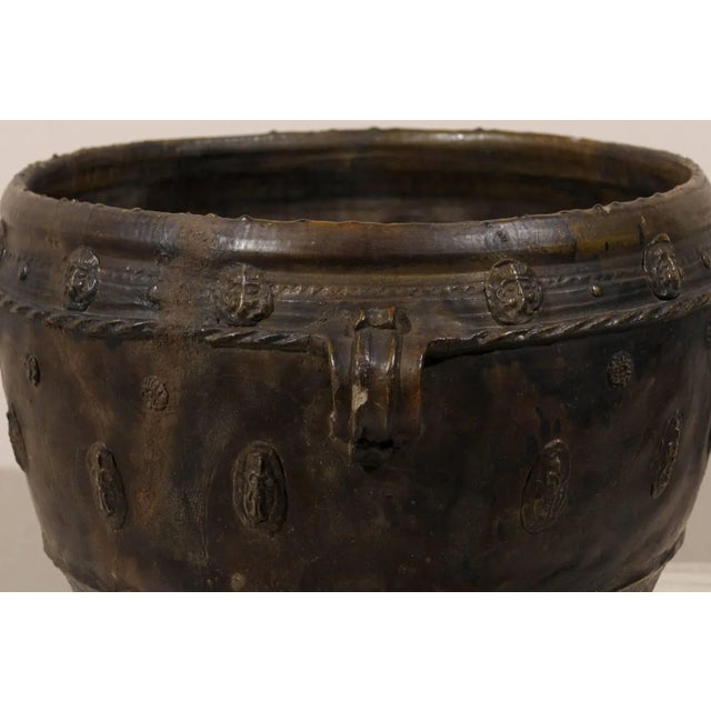 Brown Antique Brown-Black Colored Clay Jar with Four Handles & Decorative Motifs For Sale - Image 8 of 10