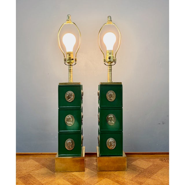 Brass 1970s Neoclassical Style Green Column Lamps With Brass Medallions W/Brass Base - a Pair For Sale - Image 8 of 11