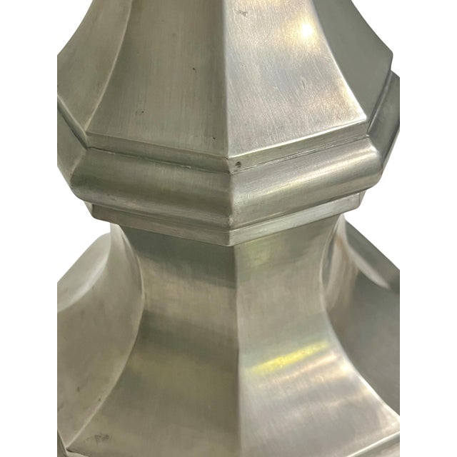Pair Vintage Mid-Century Modern Pewter Candlestick Lamps With Chinoiserie Bases For Sale - Image 9 of 18