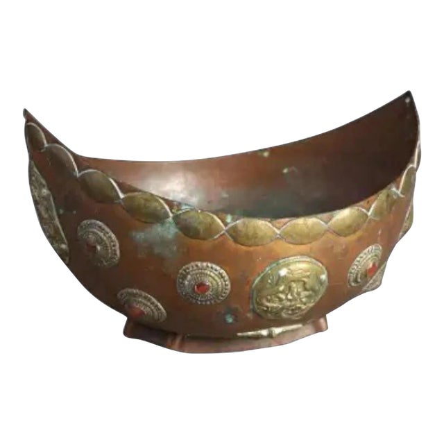 Antique Tibetan Style Jeweled Mixed Metal Copper & Brass Ceremonial Bowl, Late 19th Century For Sale