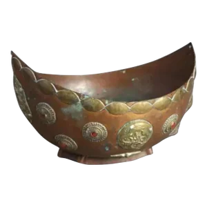 Antique Tibetan Style Jeweled Mixed Metal Copper & Brass Ceremonial Bowl, Late 19th Century