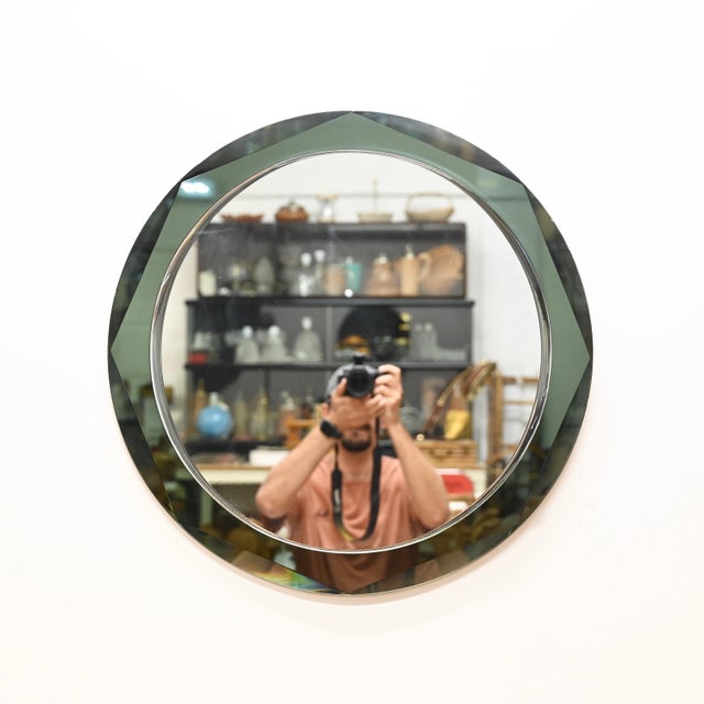 Round Green Double Beveled Mirror attributed to Antonio Lupi for Cristal Luxor, Italy, 1960s For Sale - Image 9 of 13