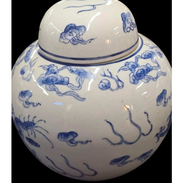 Vintage Hand-Painted Blue and White Dragon Ginger Jar With Matching Lid For Sale - Image 4 of 9
