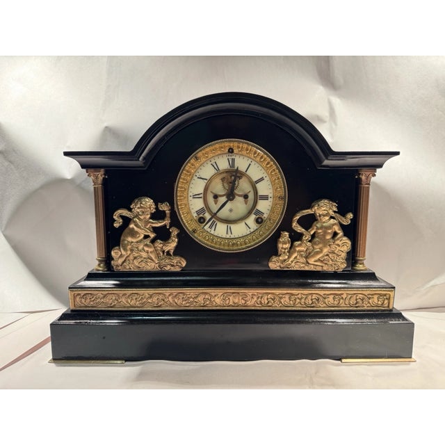 Antique Ansonia Black Mantel Clock “Verona” Model With Open Escapement For Sale - Image 9 of 12