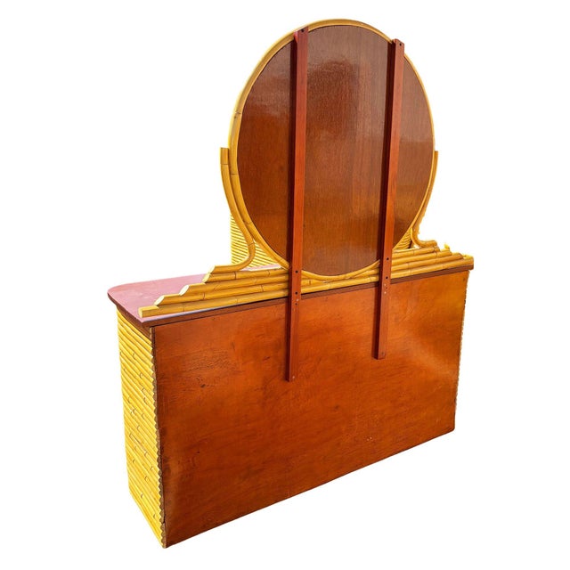 1930s 1930s Restored Paul Frankl Style Stacked Rattan & Mahogany Lowboy Dresser W/ Mirror For Sale - Image 5 of 5
