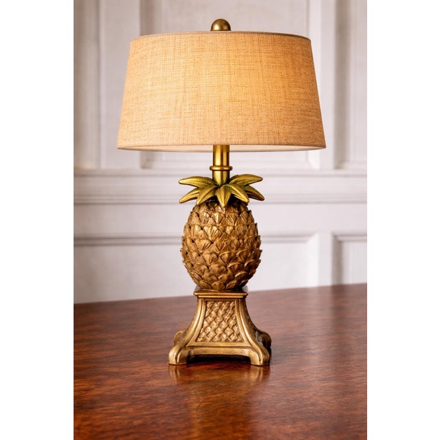 Late 20th Century Petite Tropical Palm Tree & Pineapple Table Lamps With Raffia Drum Shades – Palm Beach Coastal Regency Style, 16” H For Sale - Image 9 of 10