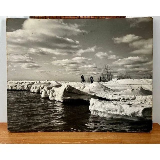 1950s Large Black & White Mounted Photograph, Lake Michigan Lighthouse in Winter For Sale - Image 11 of 13
