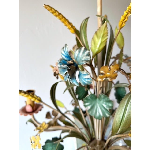 French Polychrome Floral and Wheat Tole 5-Light Chandelier, 1960s For Sale - Image 9 of 18