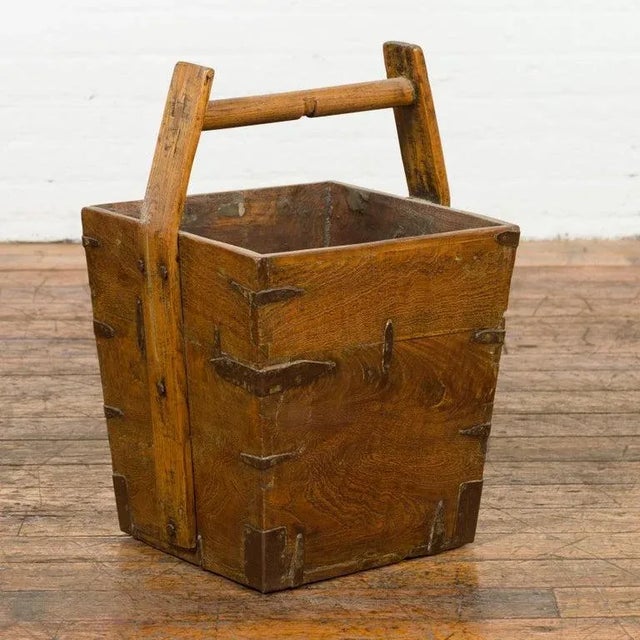 19th Century Antique Chinese Wood & Metal Grain Basket with Carrying Handle For Sale - Image 4 of 13