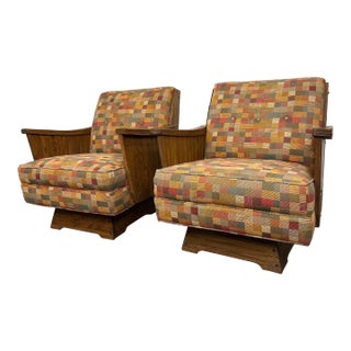Pair of Mid Century Modern Ranch Oak Swivel Chairs For Sale