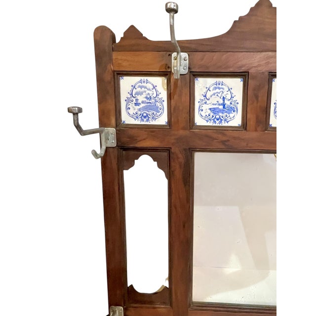 Cabin Antique English Walnut Mirrored Coat Hat Rack With Dutch Blue and White Ceramic Tiles For Sale - Image 3 of 18