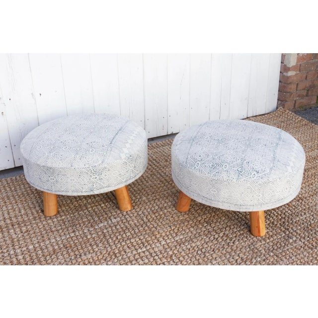 Pair of Tribal Dhurrie Blue & White Ottoman Stool For Sale In Los Angeles - Image 6 of 8